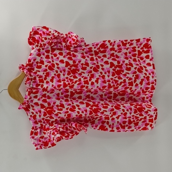 PINCH ruffle sleeve blouse large pink red print ruffle collar pull on top lined - Picture 5 of 6